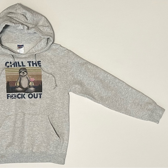 Chill The F*CK Out Hoodie Sweatshirt Heather Gray Small Namaste Yoga Sloth Lotus - Picture 4 of 11